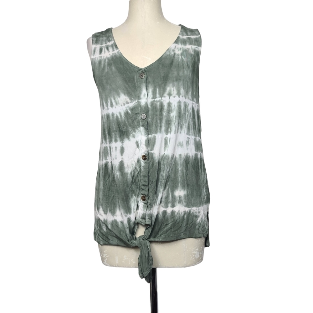 C&C California Tie Dye Print White Green Tie Knot Hem Tank Top S